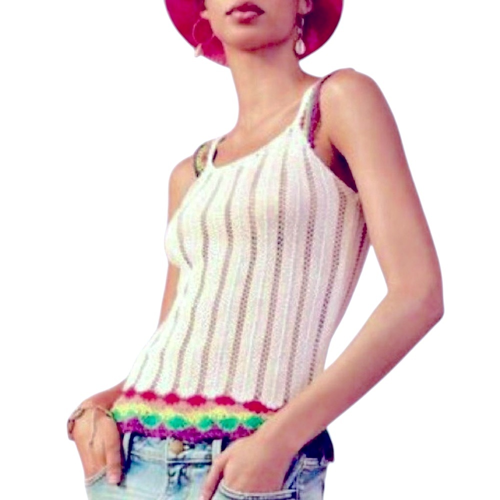 Aqua Stretch Ribbed Knit Tank Top White Rainbow Size Small
